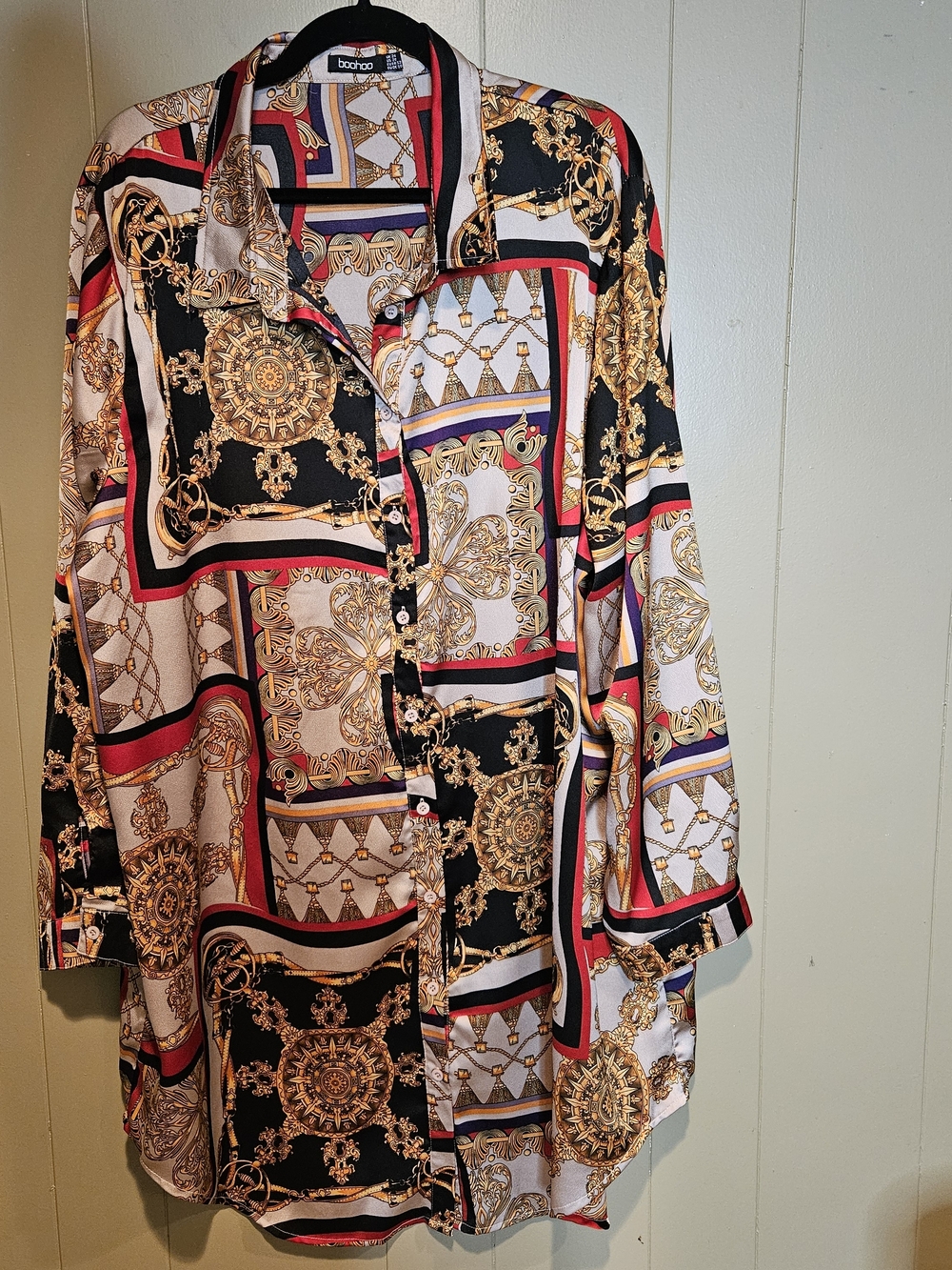 Boohoo Plus Size 20 Chain Scarf Print Shirt Dress Red Gold Black Baroque Midi Dr
